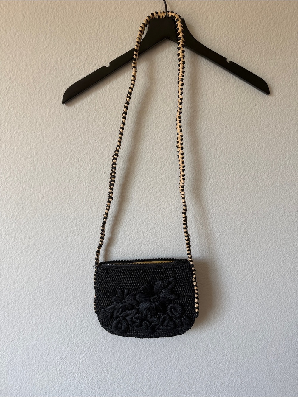 Sans Arcidet Black Crochet Floral Appliqué Satchel Bag with Braided Strap